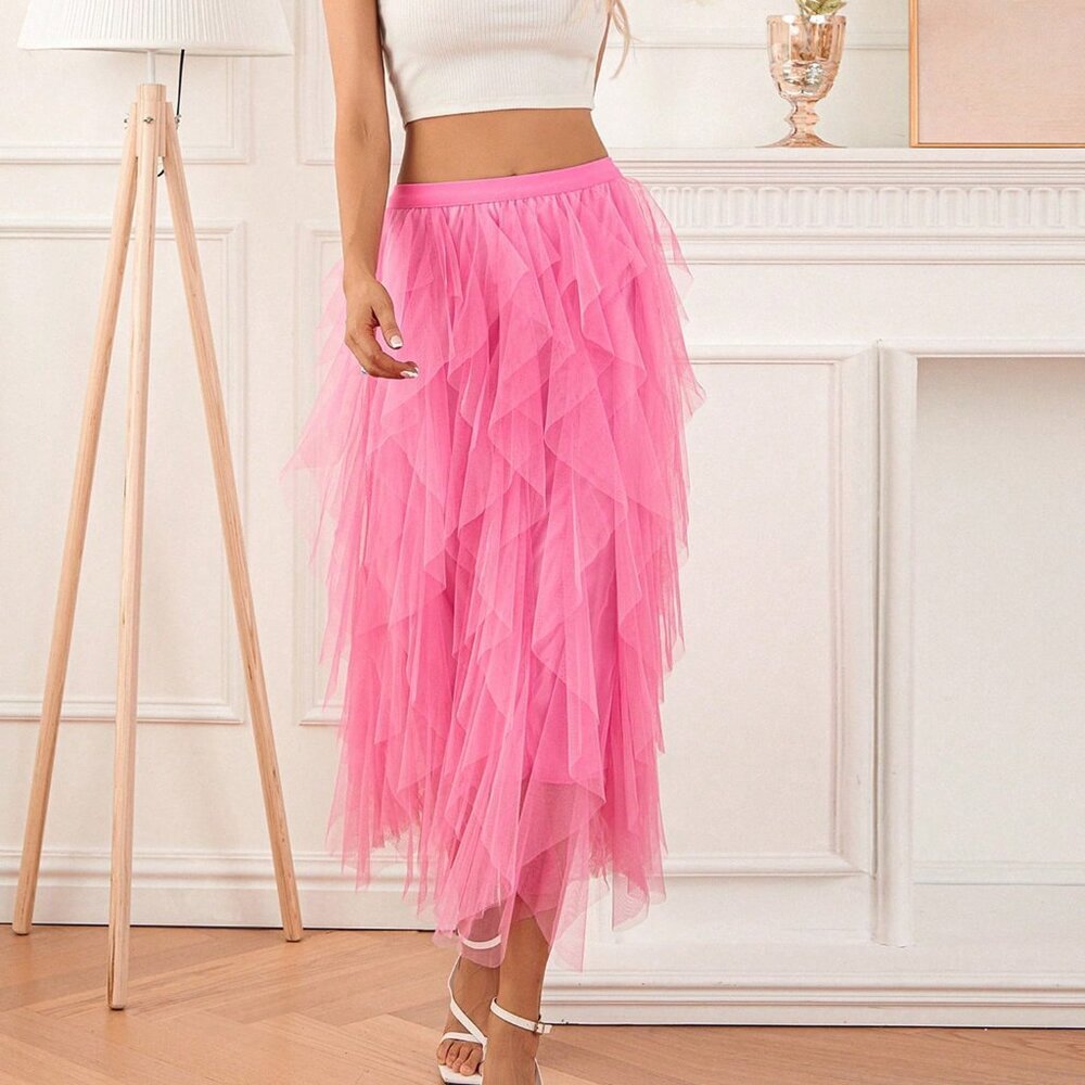 Pink Elegant Women's Sexy Long High Waist Tulle Skirt - Picture 5 of 8